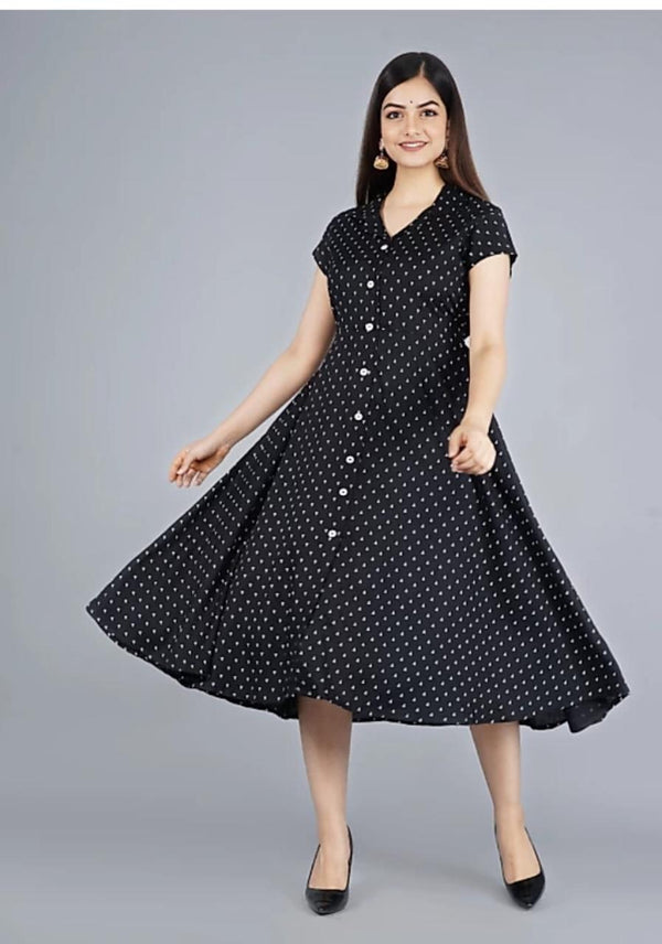 Nayu Fashions Women’s Black Dotted Printed Rayon One Piece Dress with Belt | Summer Casual Dress