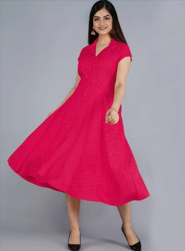 Nayu Fashions Women’s Hot Pink Dotted Printed Rayon One Piece Dress with Belt | Summer Midi Dress