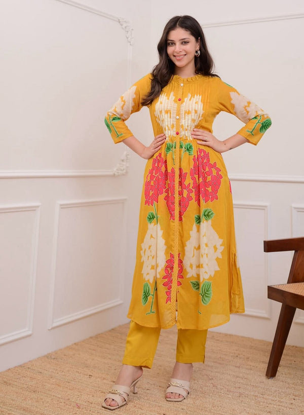 Nayu Fashions Women’s Mustard Mul Cotton Co-ord Set | Pintax & Katha Embroidered Summer Kurta Pant Set