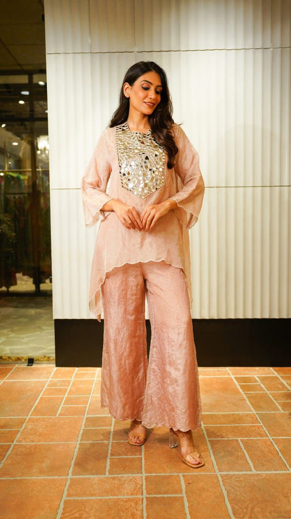 Nayu Fashions Rose Gold Tebby Silk Mirror Work Co-ord Set
