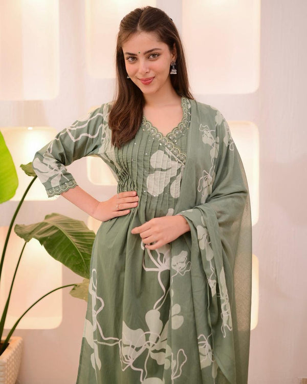 Nayu Fashions Taj Cotton Handwork Suit Set | Printed Kurta, Pant & Dupatta (3-Piece Set)