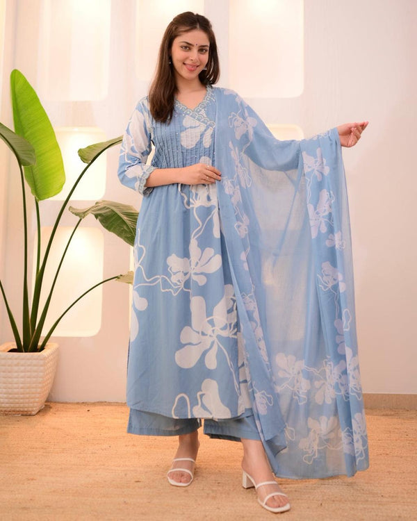 Nayu Fashions Sky Blue Taj Cotton Handwork Suit Set | Printed Kurta, Pant & Dupatta (3-Piece Set)